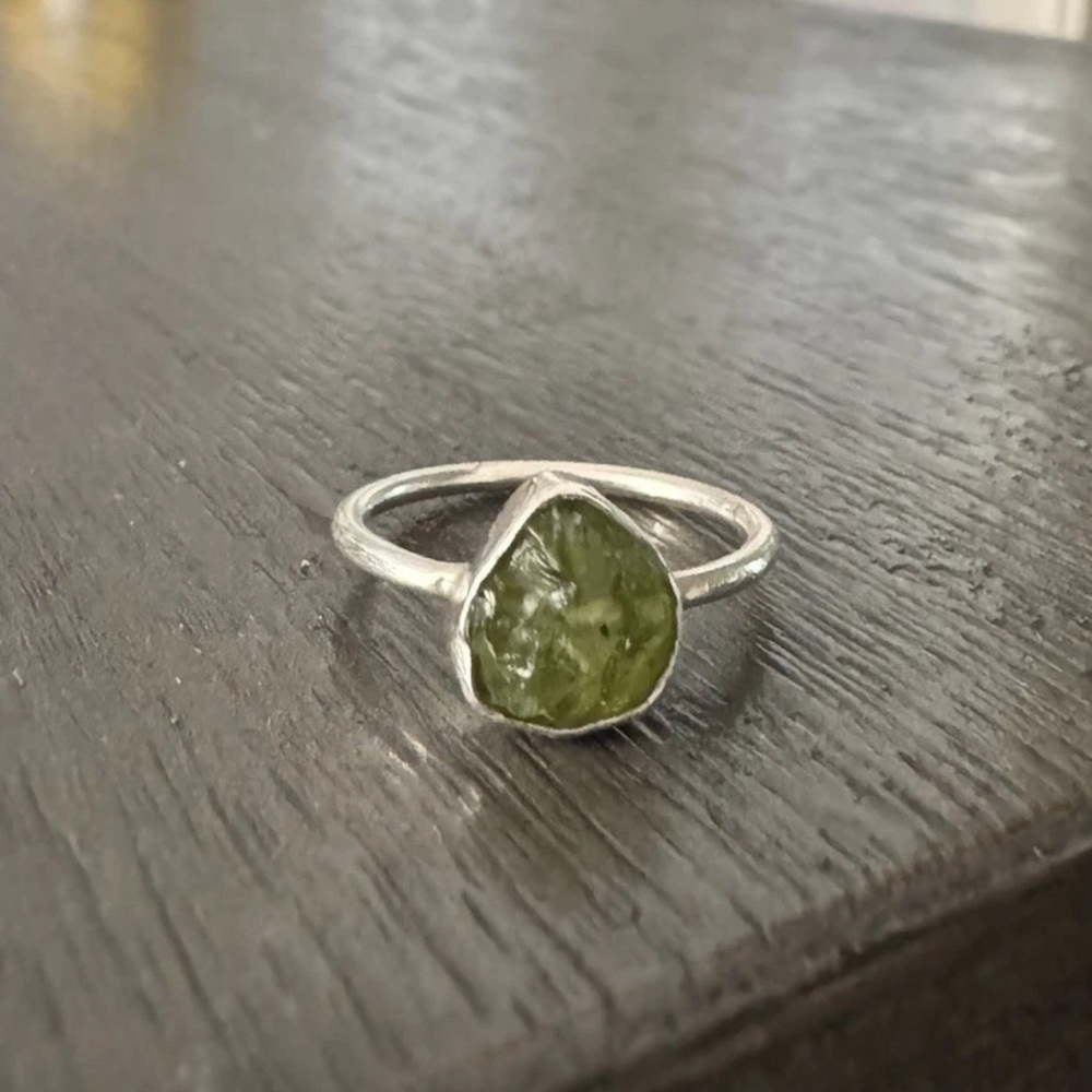 Silver Green Stone Ring Raw Peridot